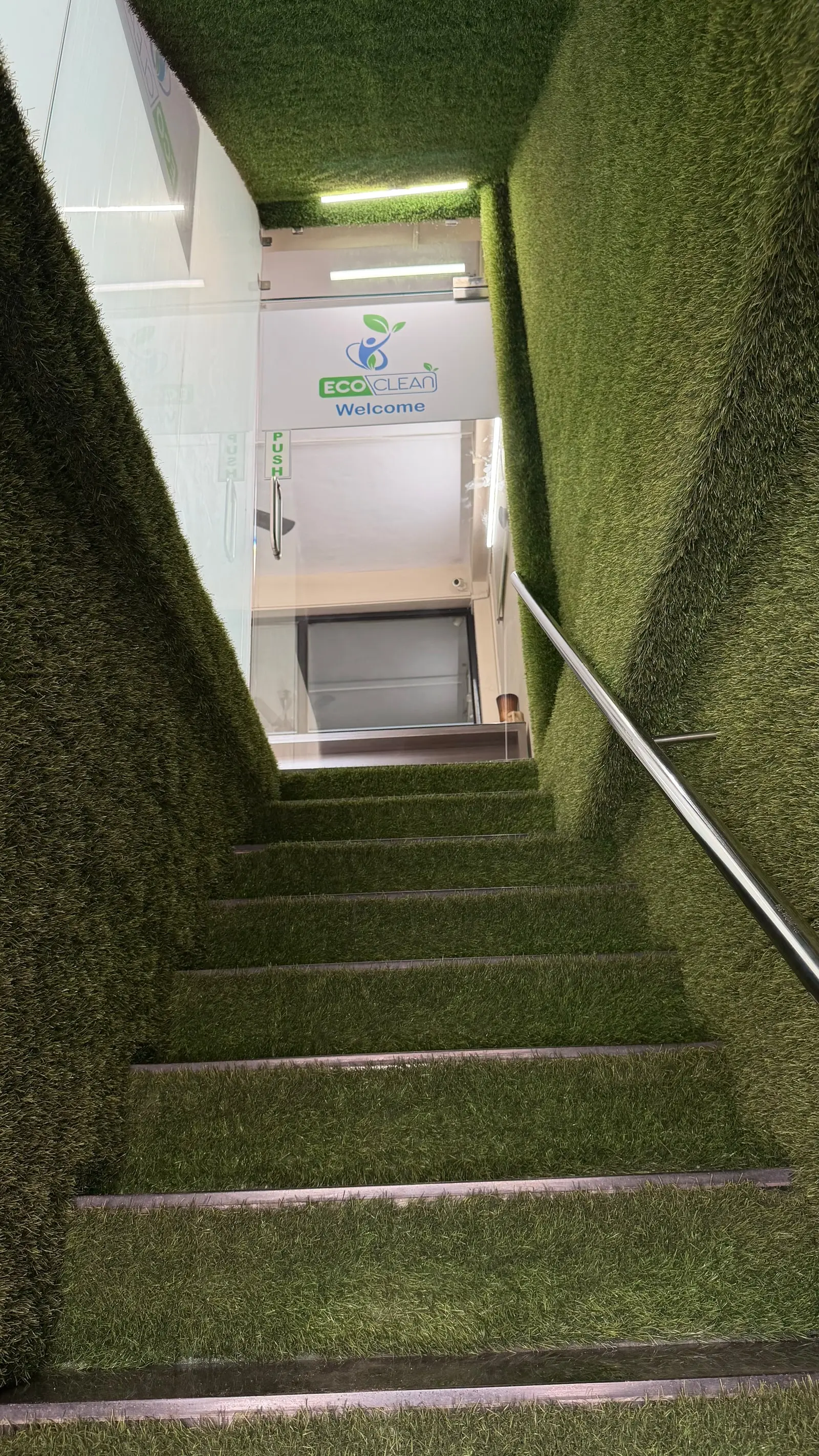Green entrance staircase