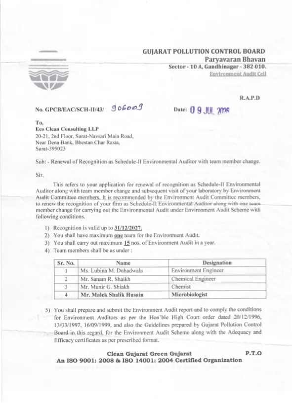 GPCB letter renewing Eco Clean Consulting LLP’s recognition as a Schedule-II Environmental Auditor